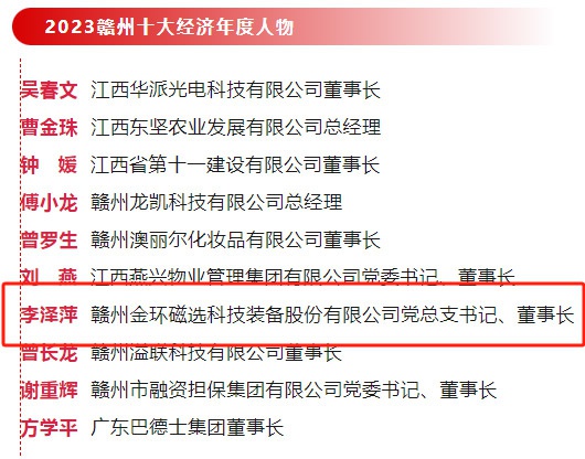 金环磁选党总支书记、董事长李泽萍荣获 “2023赣州经济年度人物”